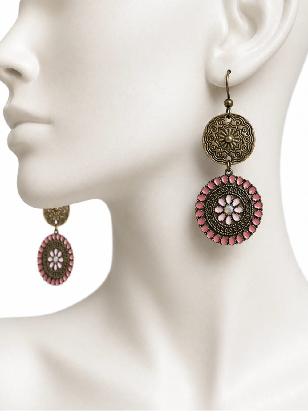 Boho Bronze Pink Medallion Earrings, Floral Dangle, Statement Artisan - Picture 3 of 5